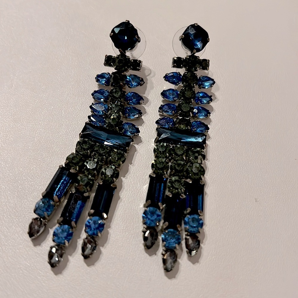 3” long blue and green rhinestone dangle pierced earrings - Picture 1 of 6